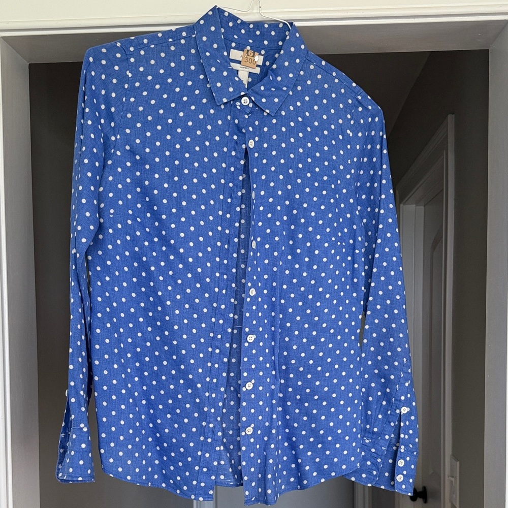 J. Crew Blue and White Polka Dot Linen Shirt